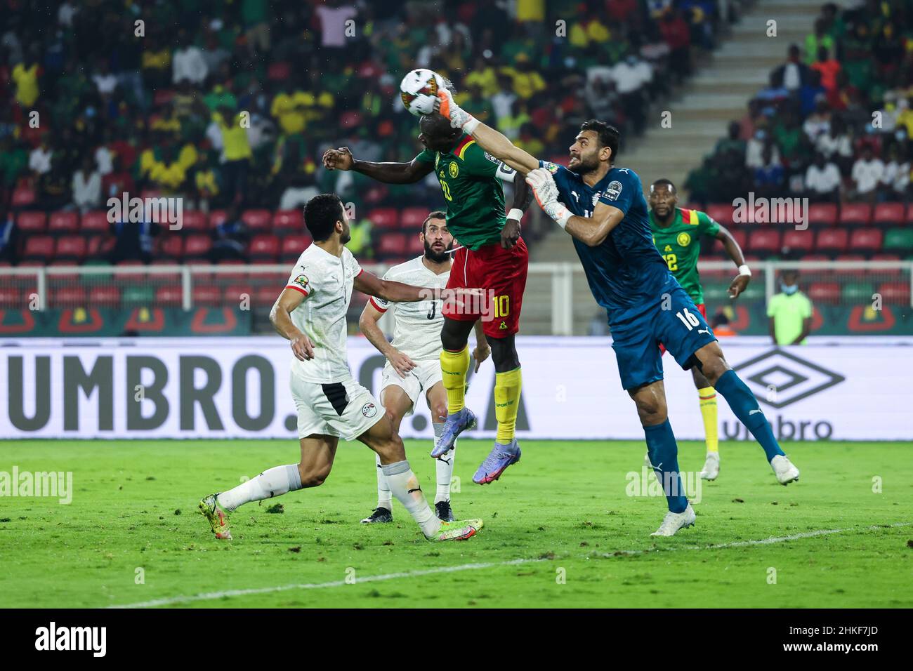 CAMEROON, Yaounde, 03 February 2022 - Gabaski of Egypt and Vincent Aboubakar of Cameroon in action during the Africa Cup of Nations play offs semi final match between Cameroon and Egypt at Stade d'Olembe, Yaounde, Cameroon, 03/02/2022/ Photo by SF Credit: Sebo47/Alamy Live News Stock Photo