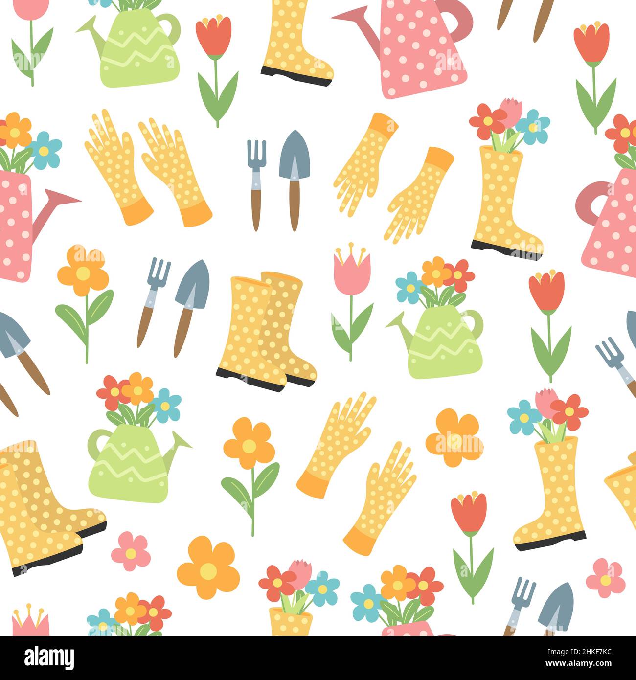 Seamless pattern with flowers, rubber boots, tools. Gardening design on white Stock Vector
