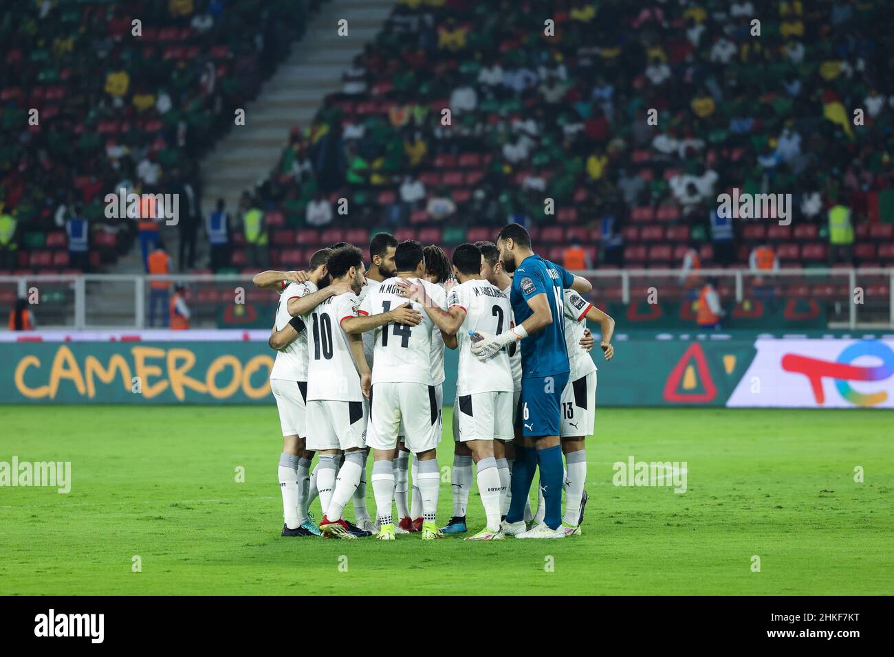 CAMEROON, Yaounde, 03 February 2022 - National team of Egypt Gabaski, Amr El Solia, Mohamed Abdelmonem, Omar Marmoush, Hamdi Fathi, Mostafa Mohamed, Mohamed Salah, Mohamed Elneny, Omar Kamal, Mahmoud Hamdi, Ahmed El Fotouh during the Africa Cup of Nations play offs semi final match between Cameroon and Egypt at Stade d'Olembe, Yaounde, Cameroon, 03/02/2022/ Photo by SF Credit: Sebo47/Alamy Live News Stock Photo