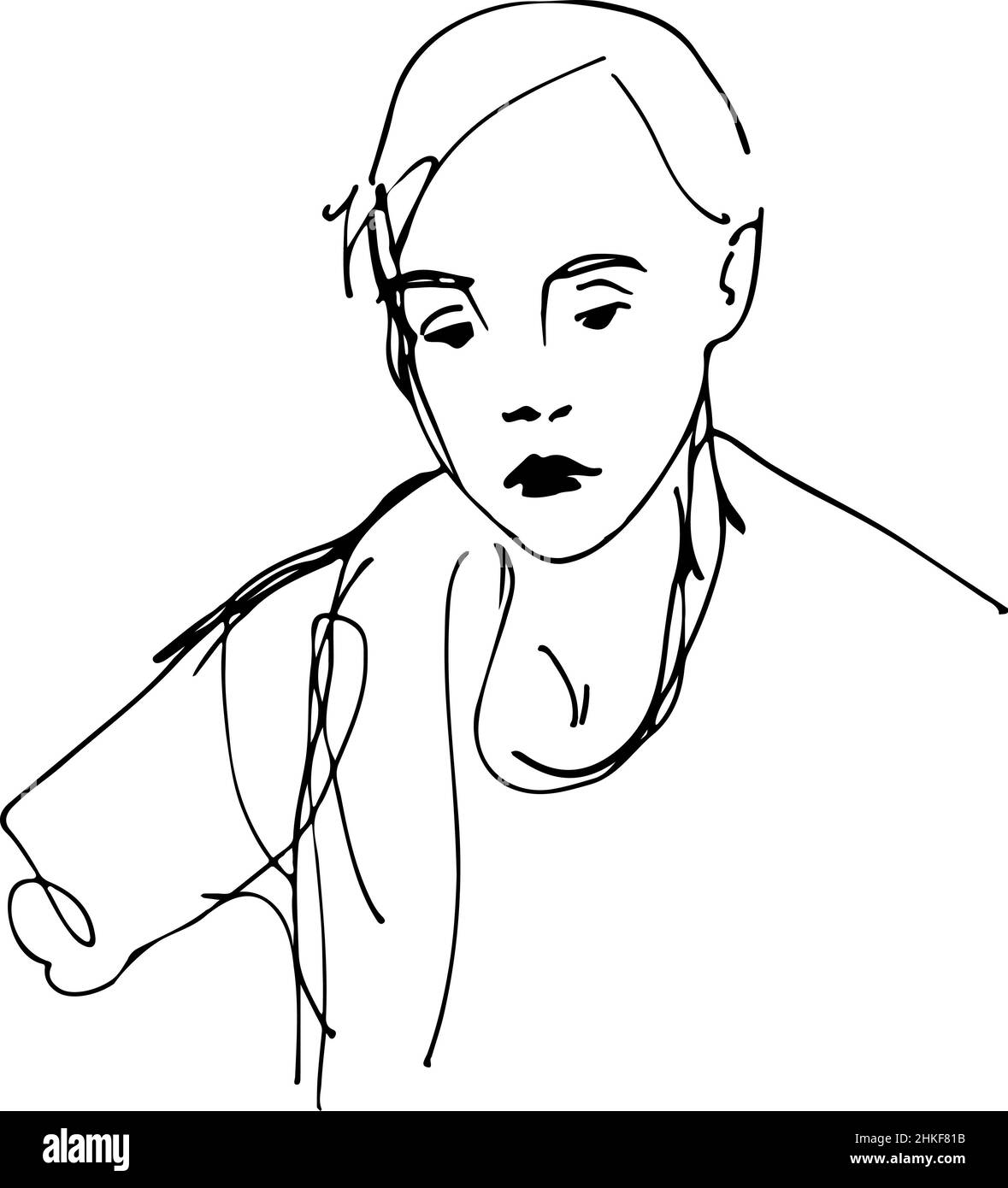 black and white sketch of a girl with a scarf Stock Photo