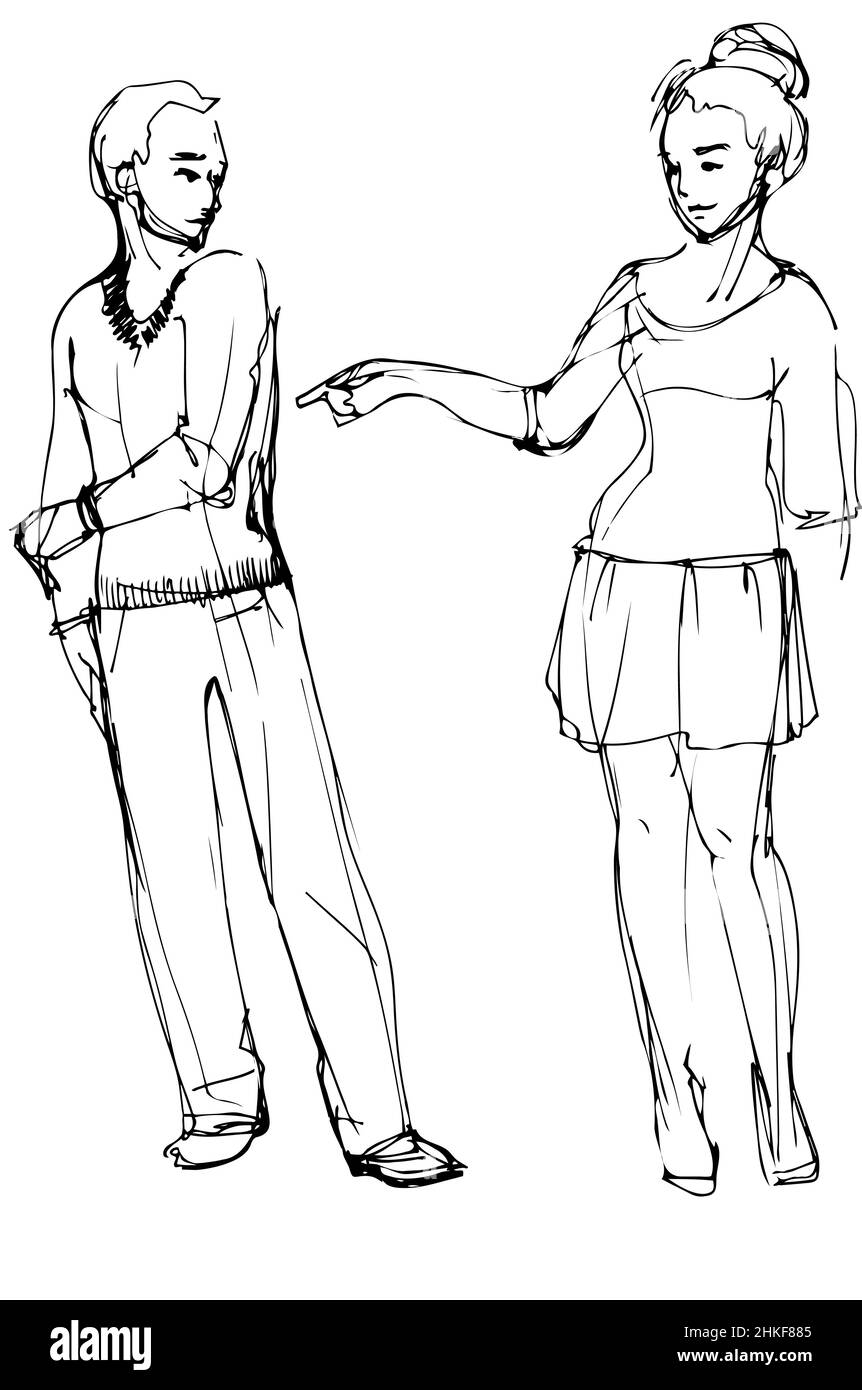 black and white vector sketch of a woman pointing at a man Stock Photo