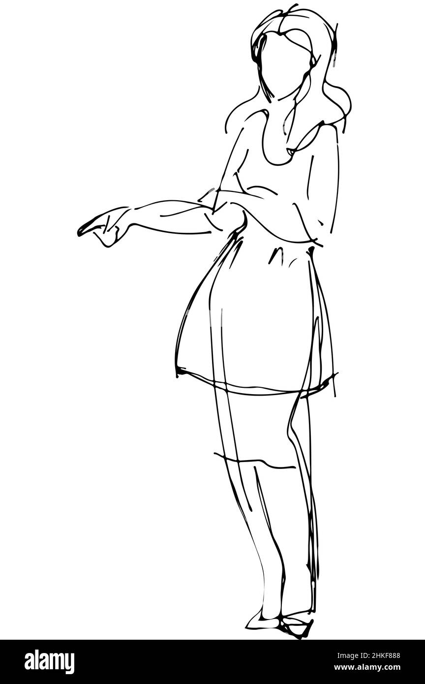 black and white vector sketch of a woman is pointing direction Stock Photo