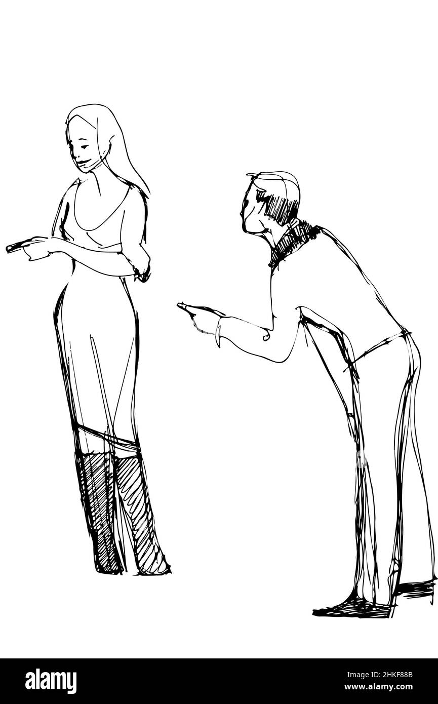 black and white vector sketch of a man points a finger at woman Stock Photo
