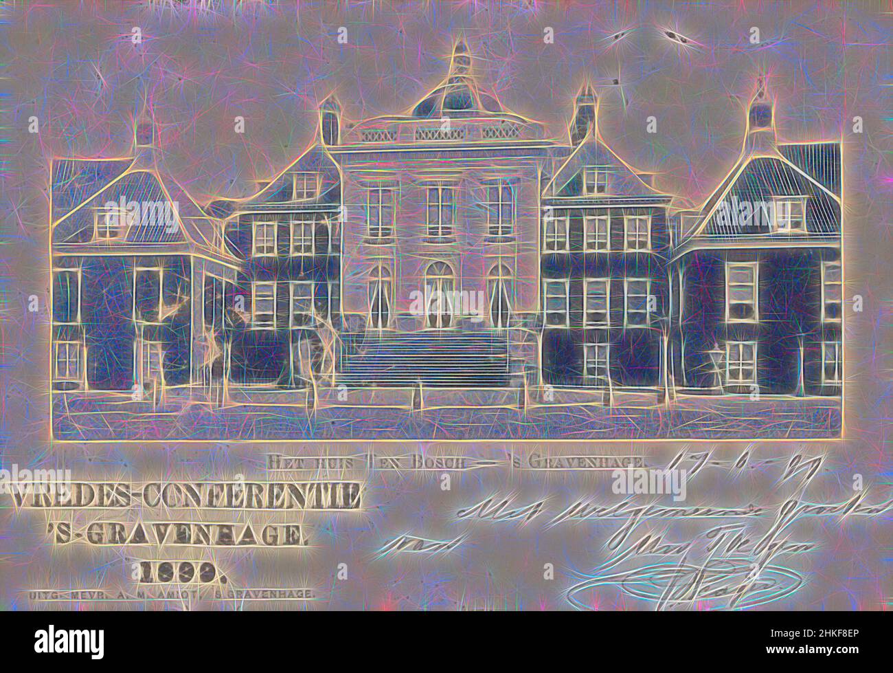 Inspired by Het huis Ten Bosch - 's Gravenhage, maker:, publisher: A.M. Amiot, The Hague, 17-Jun-1899, collotype, writing (processes), height 93 mm × width 137 mm, Reimagined by Artotop. Classic art reinvented with a modern twist. Design of warm cheerful glowing of brightness and light ray radiance. Photography inspired by surrealism and futurism, embracing dynamic energy of modern technology, movement, speed and revolutionize culture Stock Photo