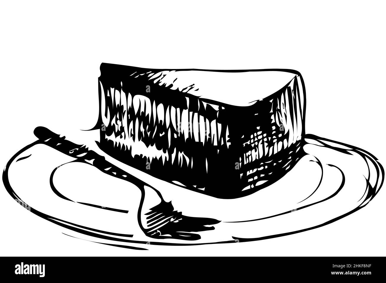 black and white vector sketch dessert piece of cake on a plate Stock Photo