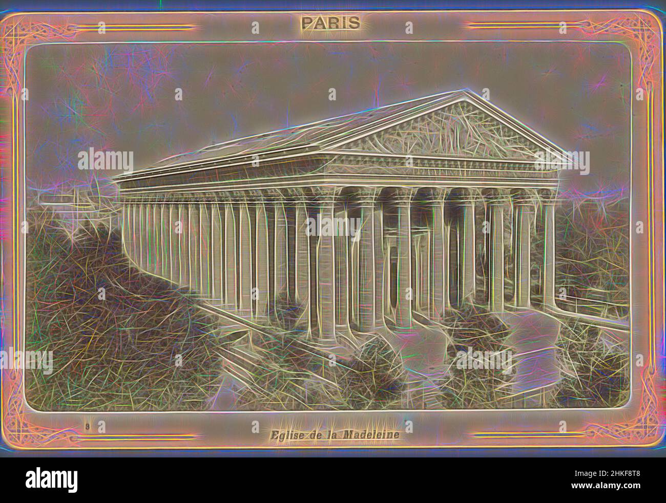 Inspired by View of the Madeleine in Paris, Eglise de la Madeleine, Paris, Étienne Neurdein, Paris, 1870 - 1900, albumen print, height 107 mm × width 164 mm, Reimagined by Artotop. Classic art reinvented with a modern twist. Design of warm cheerful glowing of brightness and light ray radiance. Photography inspired by surrealism and futurism, embracing dynamic energy of modern technology, movement, speed and revolutionize culture Stock Photo
