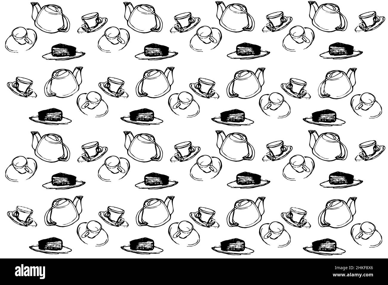 black and white vector sketch background cup cakes and tea Stock Photo ...