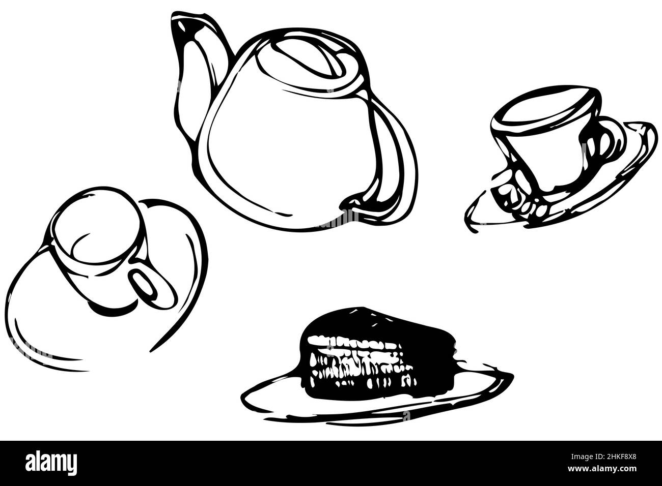 black and white vector sketch background cup cakes and tea Stock Photo ...