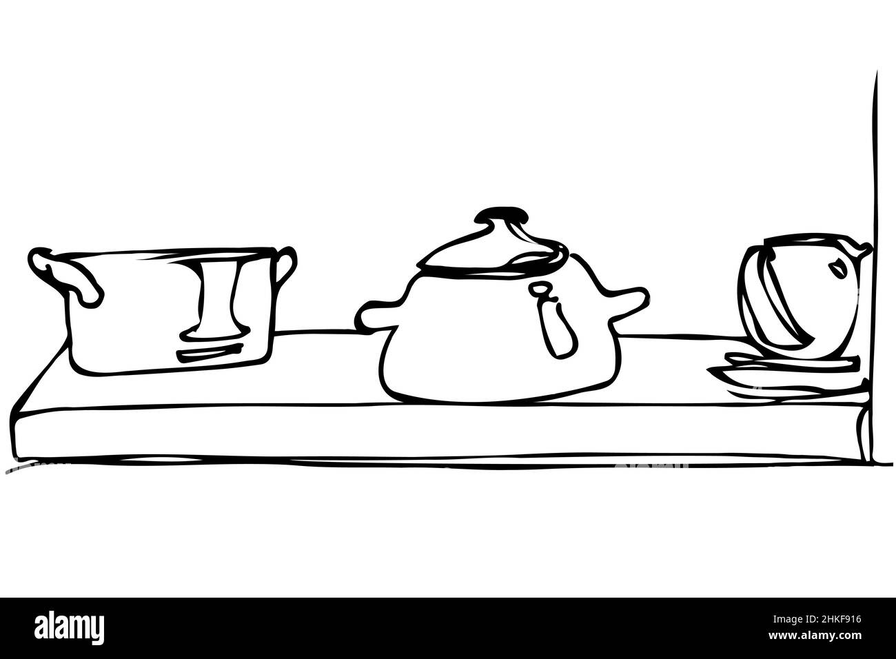 black and white vector sketch of crockery and pan stand on a shelf