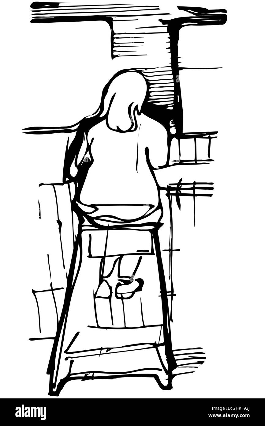 black and white vector sketch of a single woman drinking coffee at the bar on a stool Stock Photo