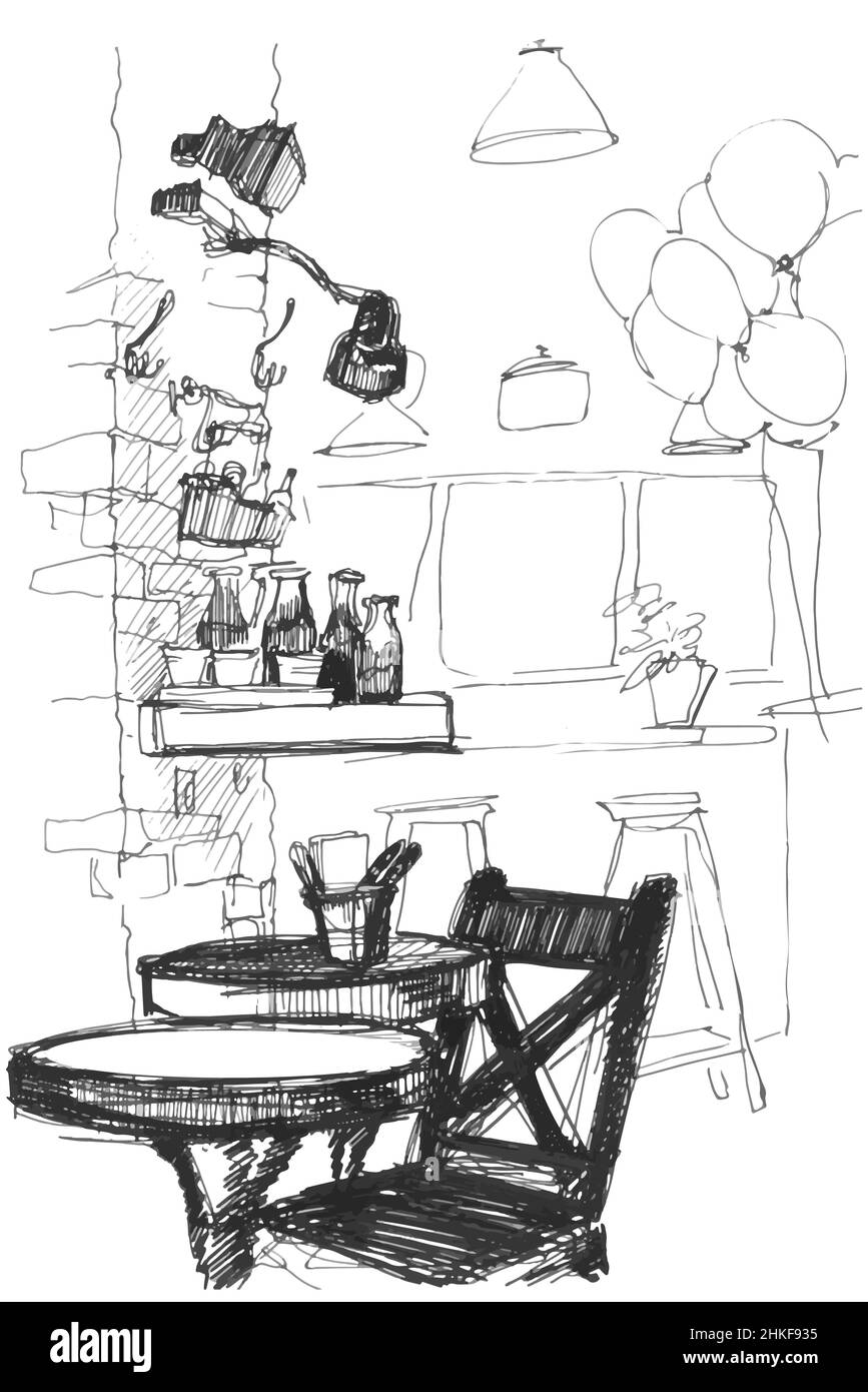 Black and white sketch of a vector table and chair in the interior of a