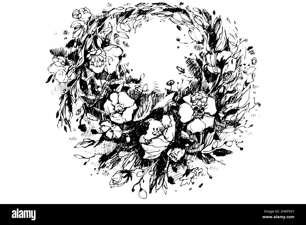black and white vector sketch of a beautiful wreath of poppies Stock