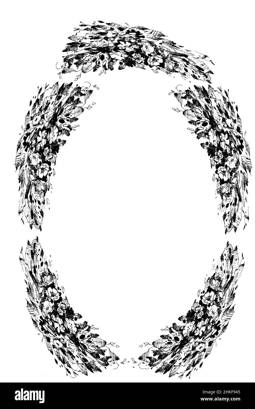 black and white vector sketch of a beautiful wreath of poppies Stock Photo