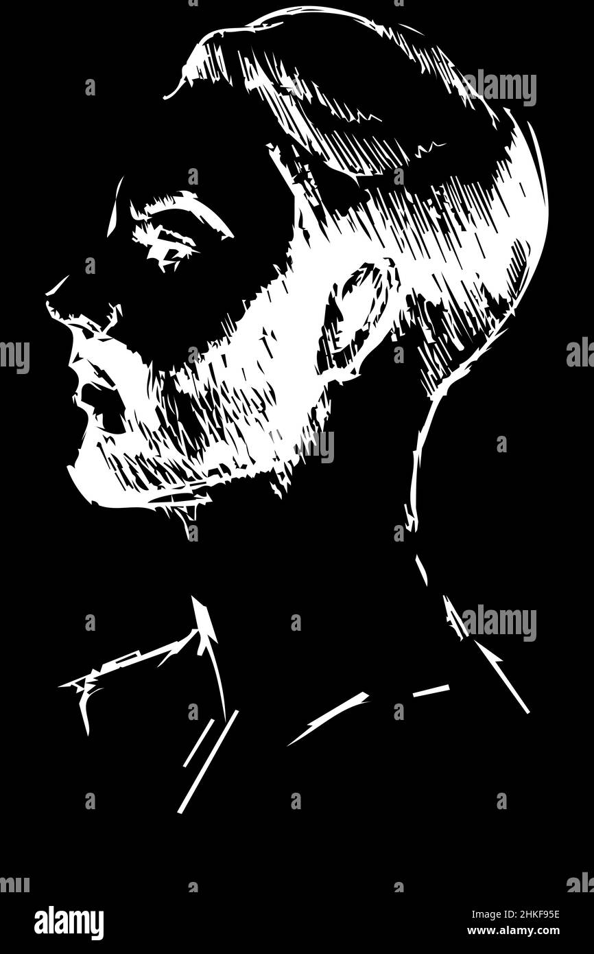 black and white vector sketch of a young man with a beard in profile ...