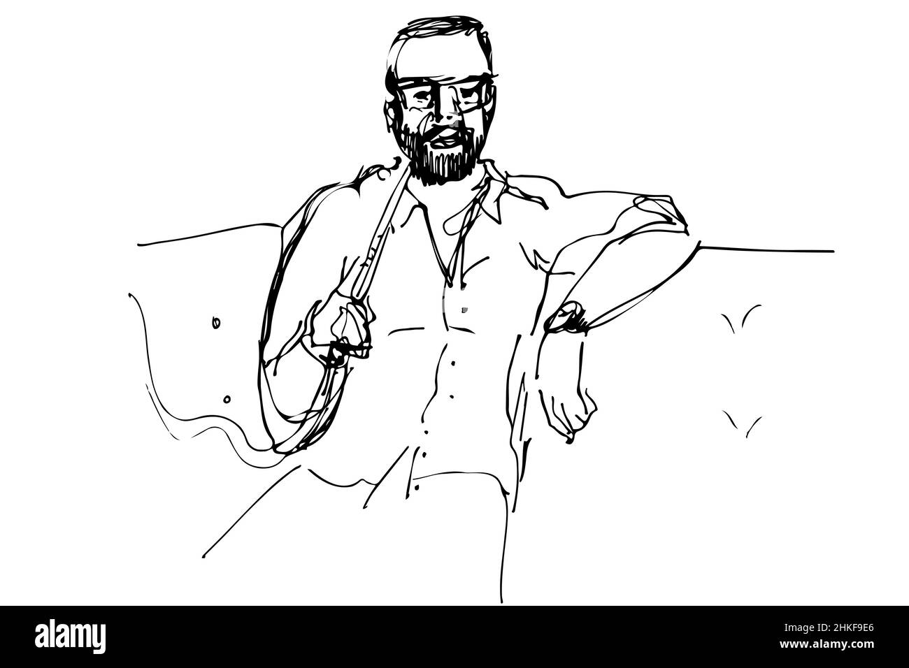 black and white vector sketch of a man with a beard on the couch smoking a hookah Stock Photo