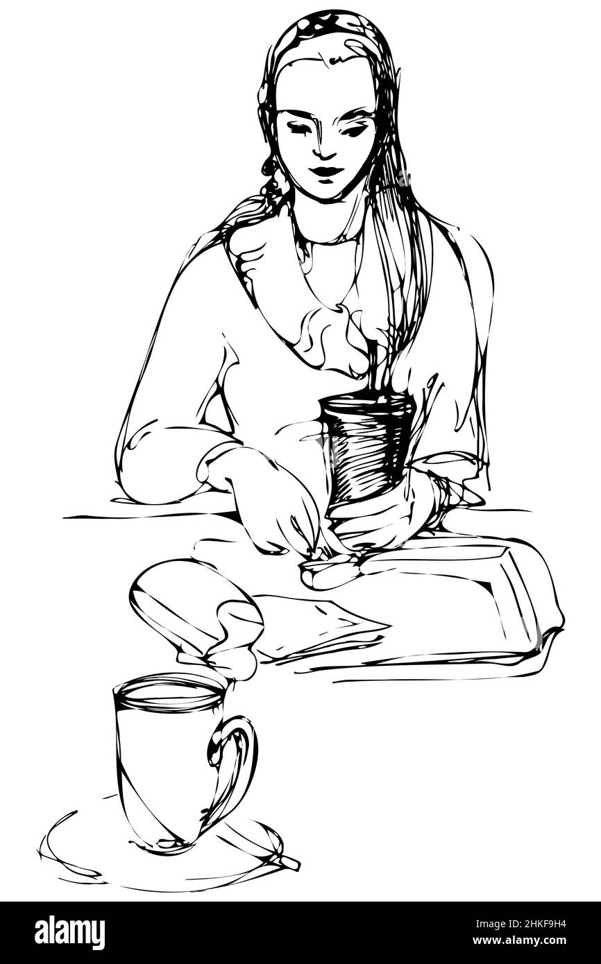 black and white vector sketch beautiful girl drinking at a table in a cafe Stock Photo