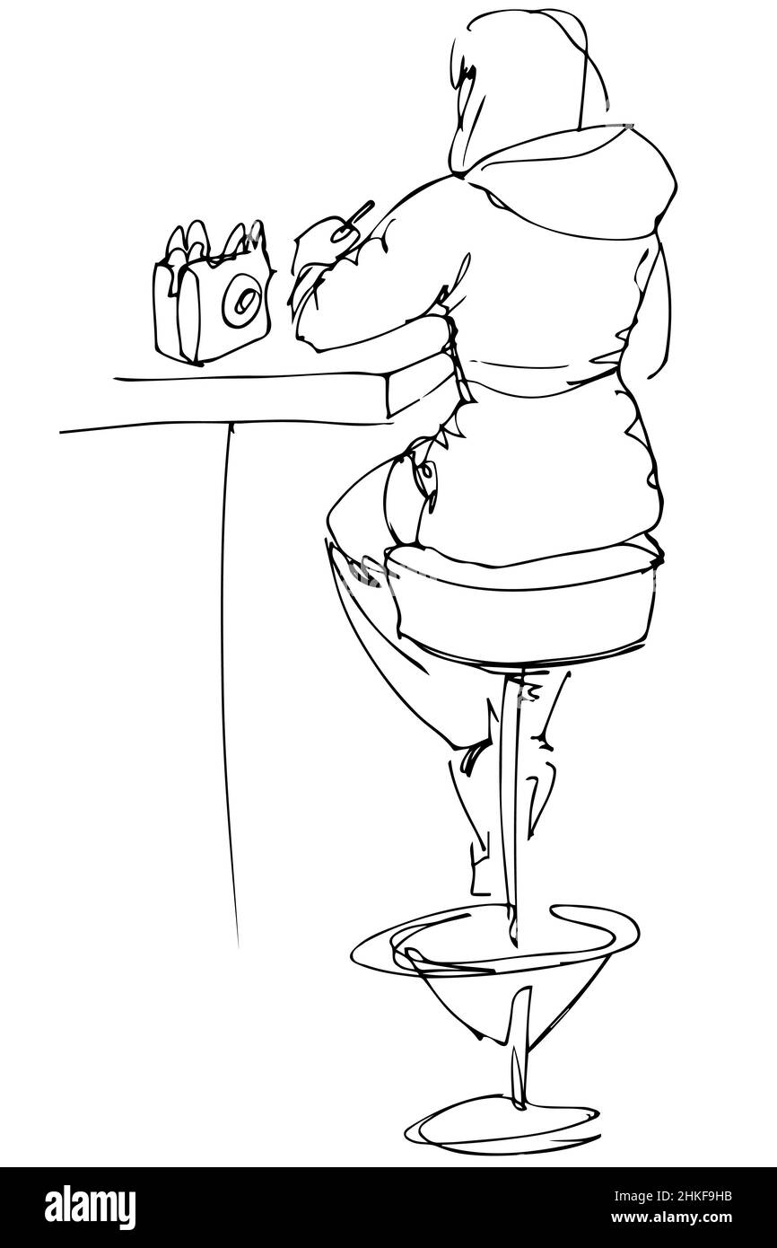 black and white vector sketch of a girl sitting at a table in a cafe on ...