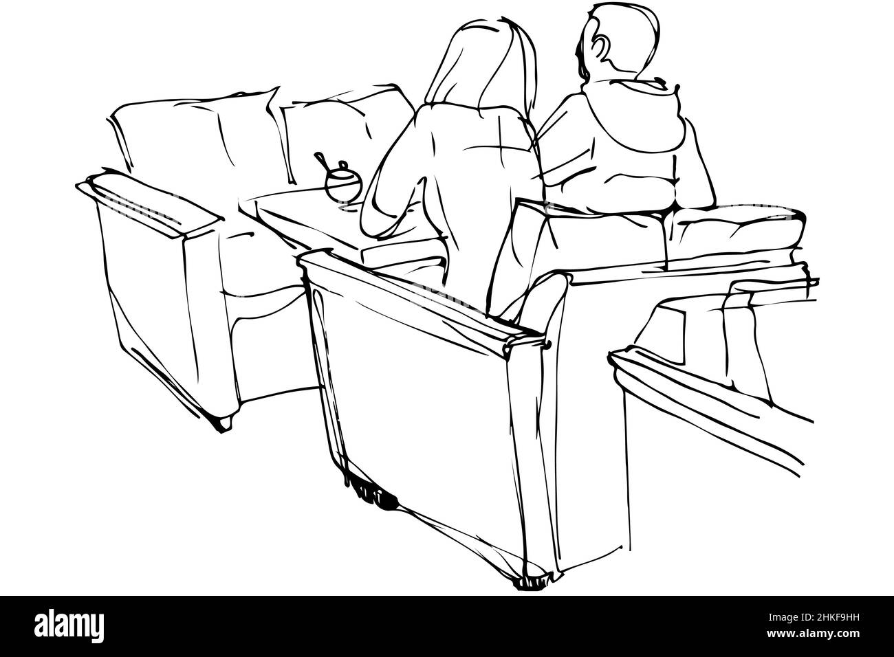 black and white vector sketch of man and woman sitting on a couch in a cafe Stock Photo