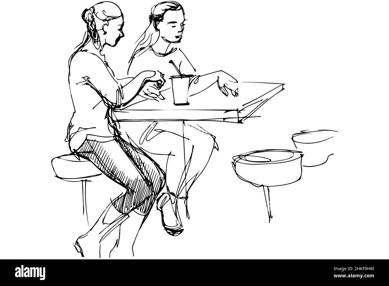 black and white vector sketch of two friends at a table in a cafe Stock ...
