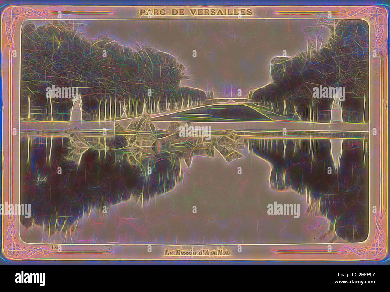 Inspired by View of the garden of Versailles with Le Bassin d'Apollon, Parc de Versailles, Le Bassin d'Apollon, Étienne Neurdein, Versailles, 1870 - 1900, albumen print, height 107 mm × width 163 mm, Reimagined by Artotop. Classic art reinvented with a modern twist. Design of warm cheerful glowing of brightness and light ray radiance. Photography inspired by surrealism and futurism, embracing dynamic energy of modern technology, movement, speed and revolutionize culture Stock Photo