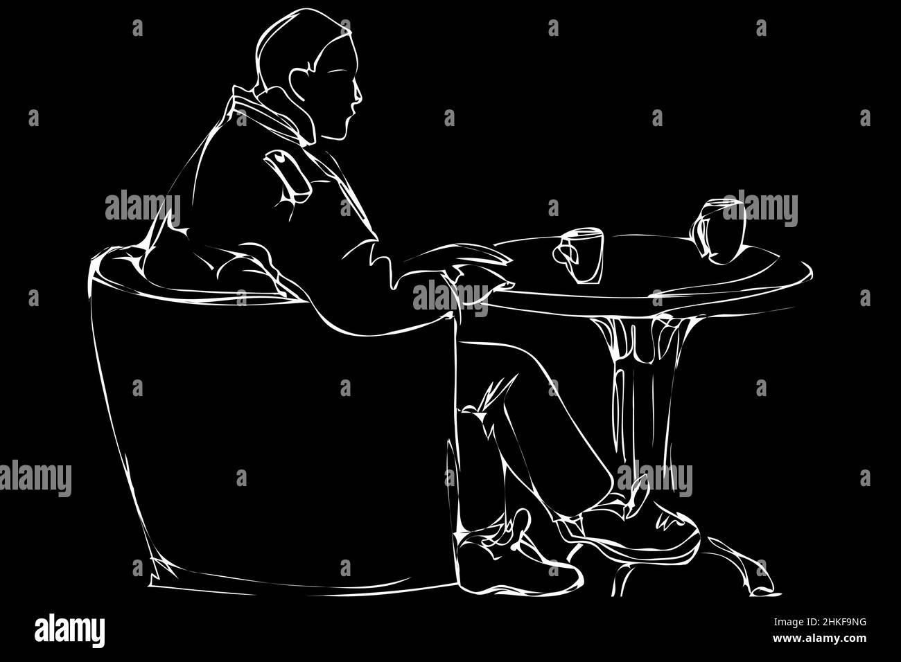 Black and white vector sketch of a man in a chair drinking tea in a ...