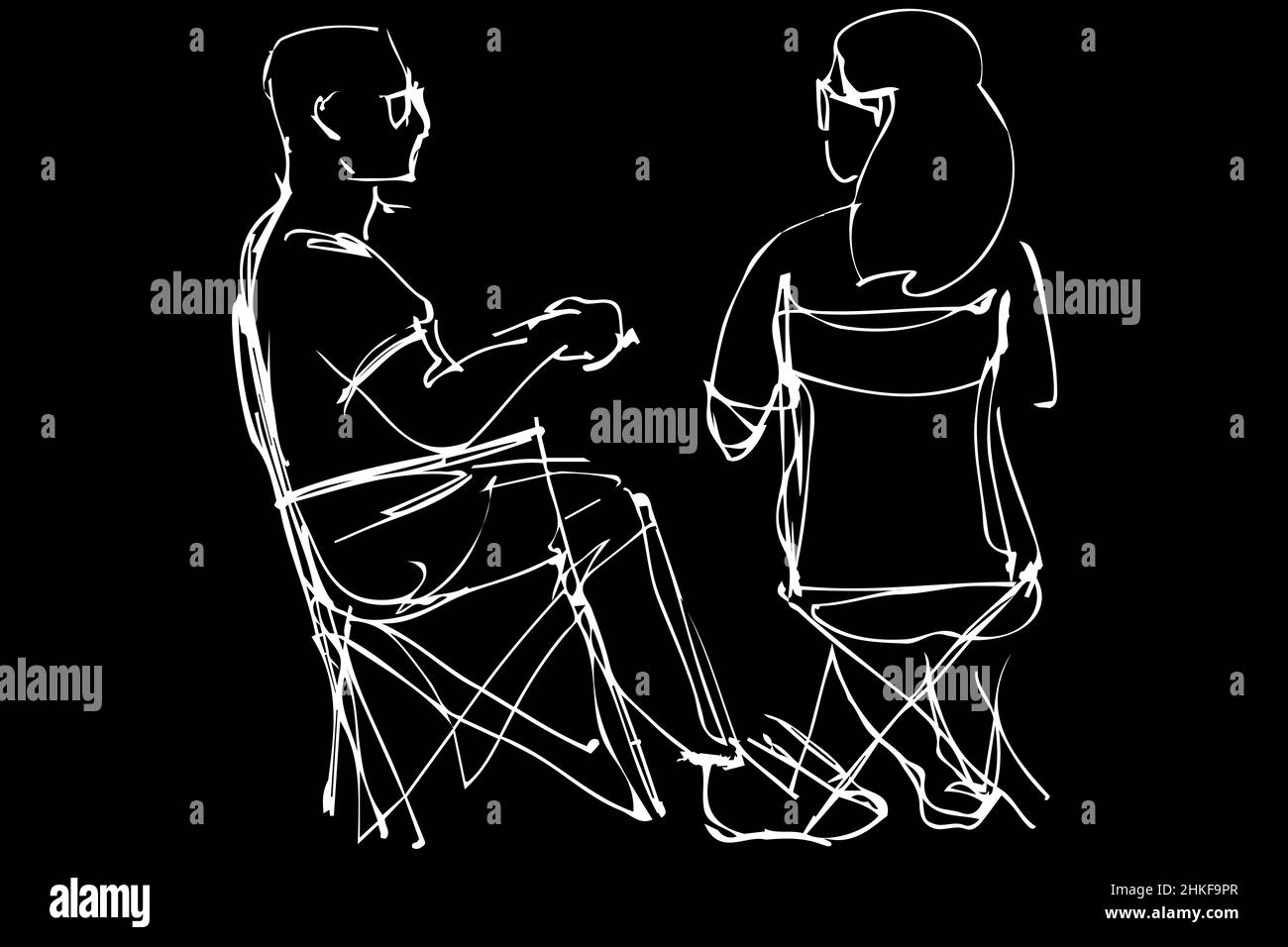 Black and white vector sketch of a man in glasses and a woman resting ...