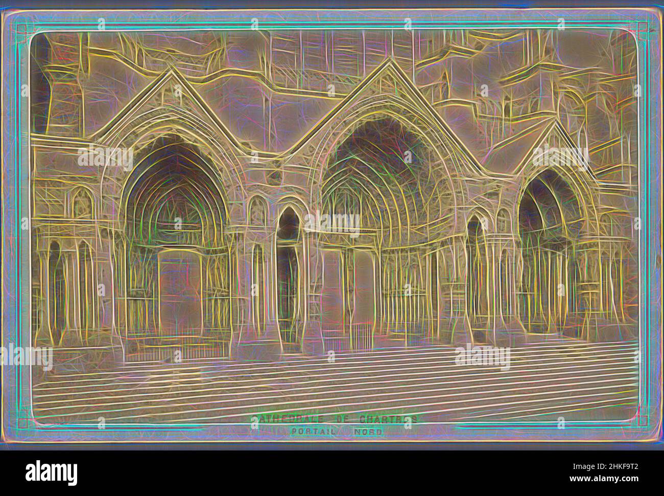 Inspired by Portal of the cathedral at Chartres, Cathedrale de Chartres, portail nord, Chartres, 1850 - 1900, albumen print, height 107 mm × width 164 mm, Reimagined by Artotop. Classic art reinvented with a modern twist. Design of warm cheerful glowing of brightness and light ray radiance. Photography inspired by surrealism and futurism, embracing dynamic energy of modern technology, movement, speed and revolutionize culture Stock Photo