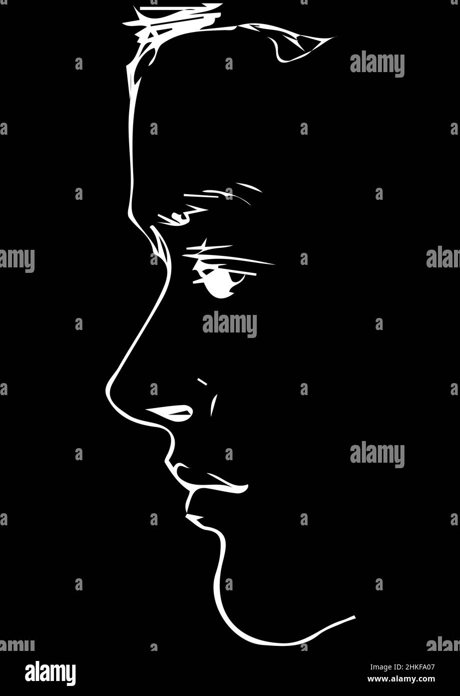 black and white vector sketch for portrait of a young man's profile ...