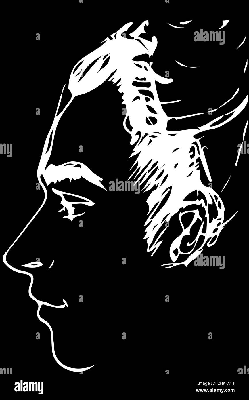 black and white vector sketch for a portrait of a young man's profile ...