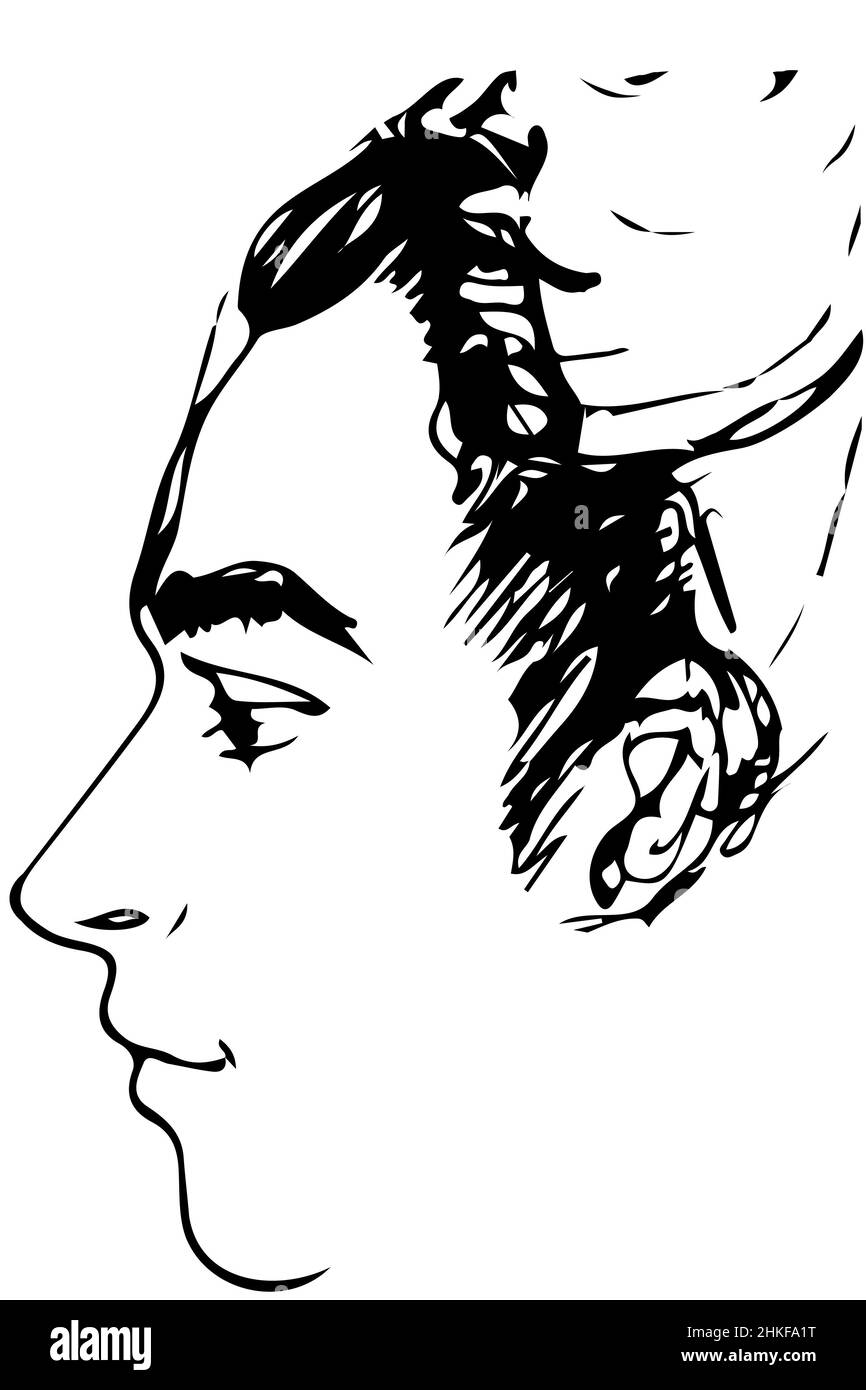 black and white vector sketch for a portrait of a young man's profile Stock Photo
