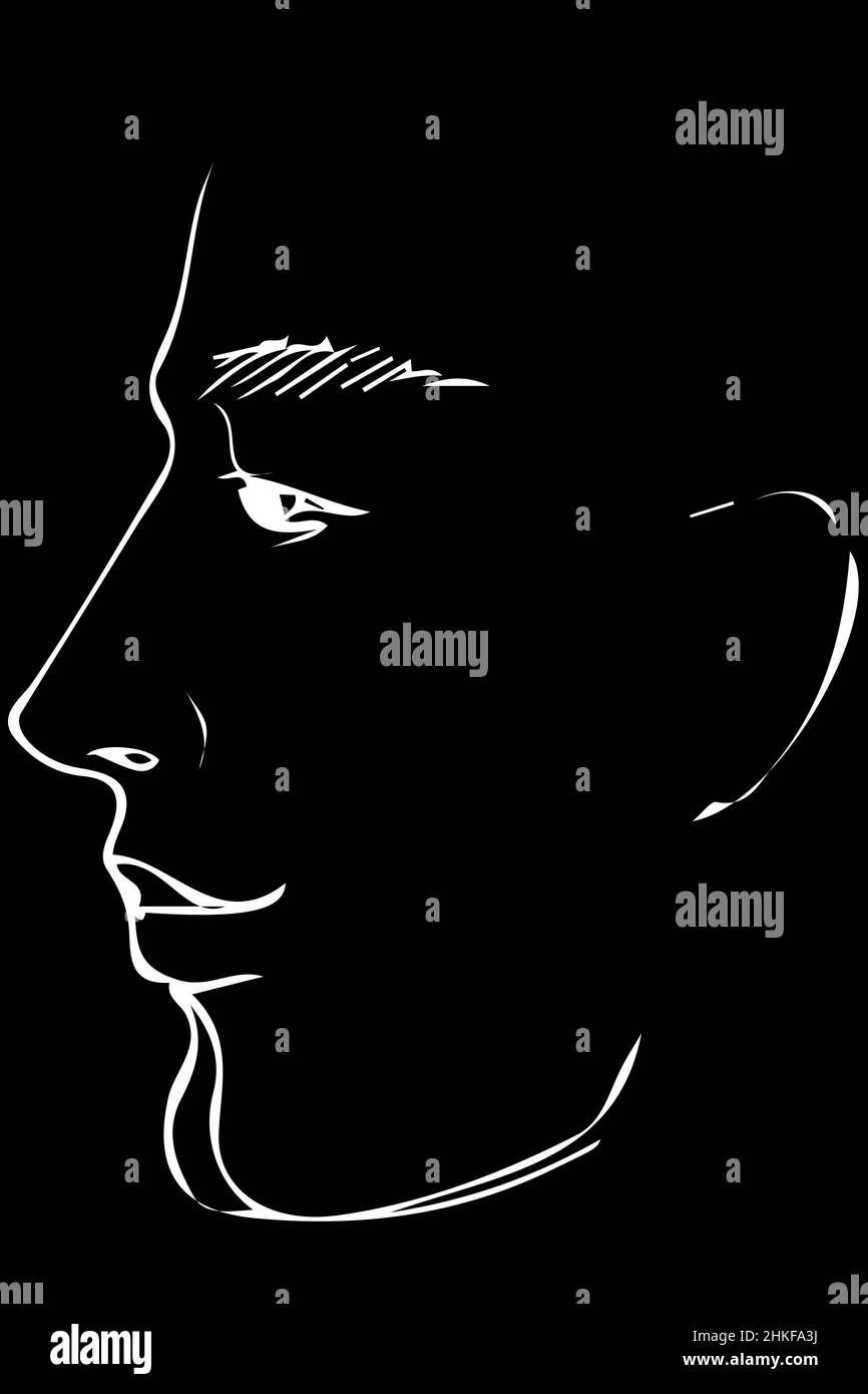 black and white vector sketch to portrait of a young man's profile ...