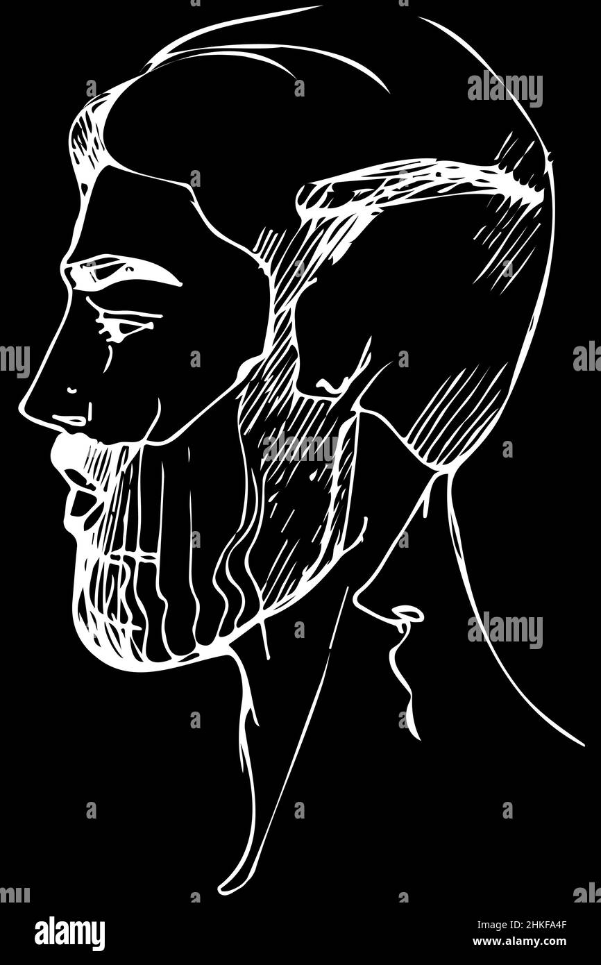 black and white vector sketch for a portrait of a man with a beard ...