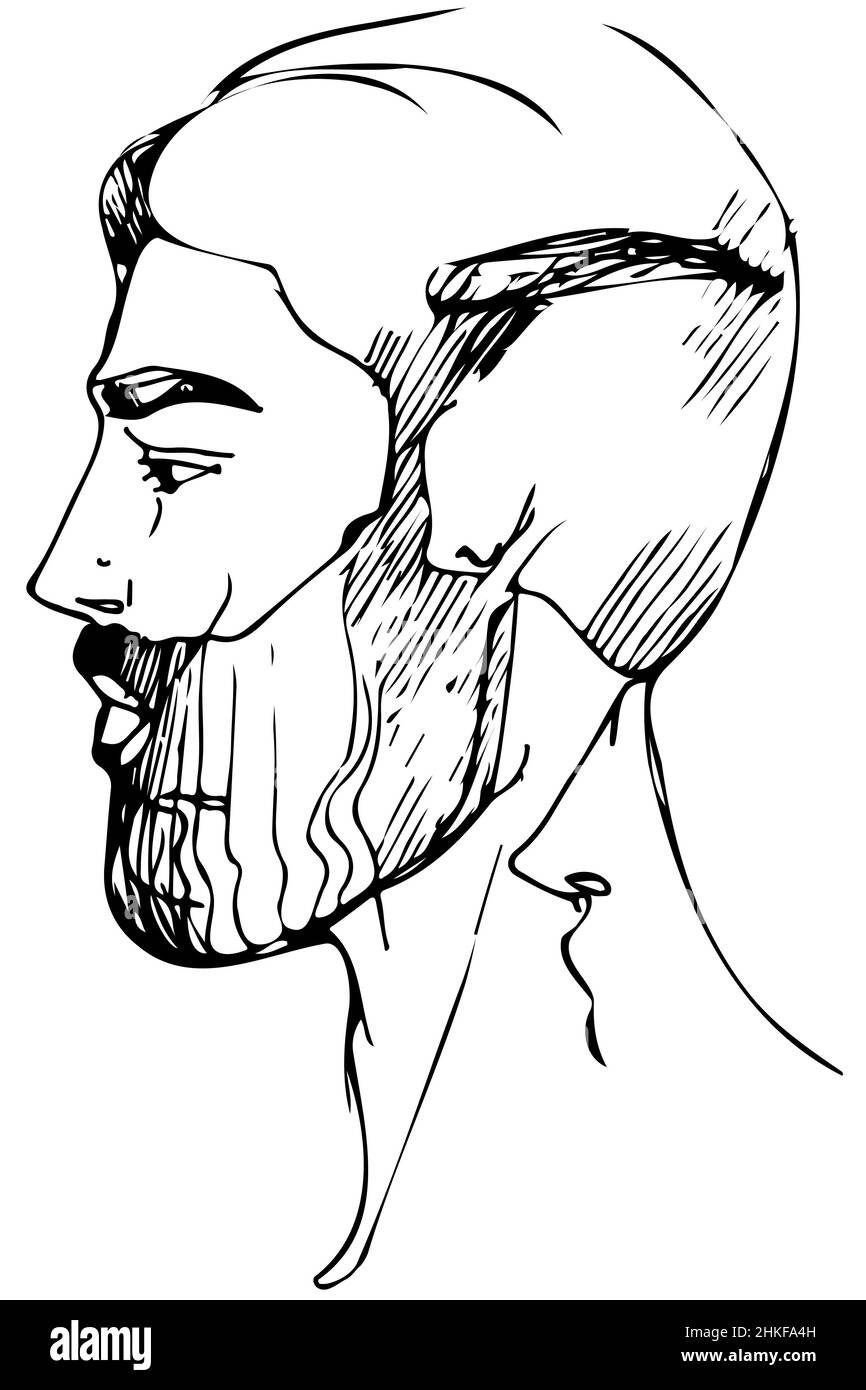 black and white vector sketch for a portrait of a man with a beard ...