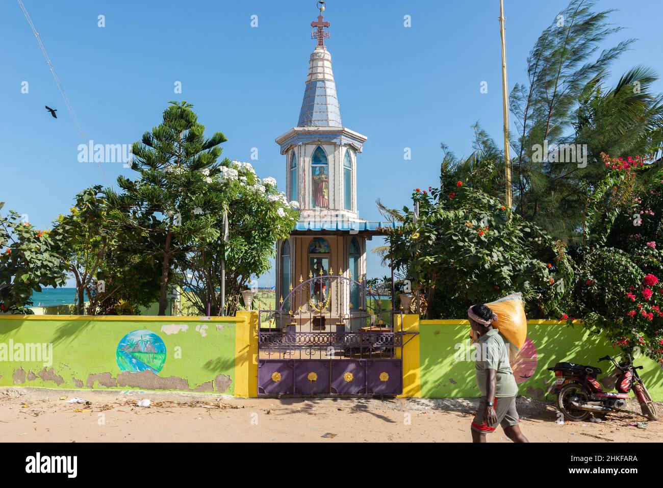 Kanniyakumari, India - January 2022: Small christian chapel in the fishermen village by the sea Stock Photo