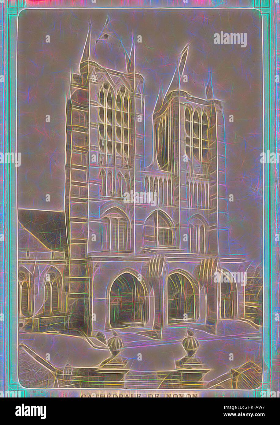 Inspired by Cathedral of Noyon, Cathédrale de Noyon, La Façade, Étienne Neurdein, Noyon, 1895, albumen print, height 163 mm × width 109 mm, Reimagined by Artotop. Classic art reinvented with a modern twist. Design of warm cheerful glowing of brightness and light ray radiance. Photography inspired by surrealism and futurism, embracing dynamic energy of modern technology, movement, speed and revolutionize culture Stock Photo