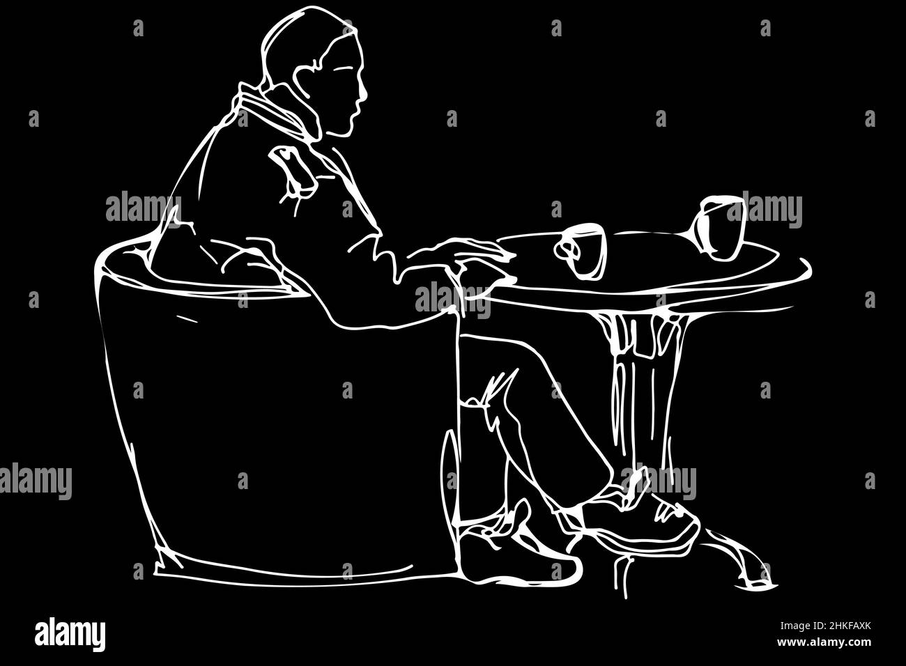 black and white vector sketch of a man at the round table in a cafe ...