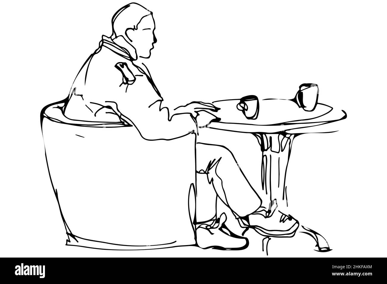 black and white vector sketch of a man at the round table in a cafe ...
