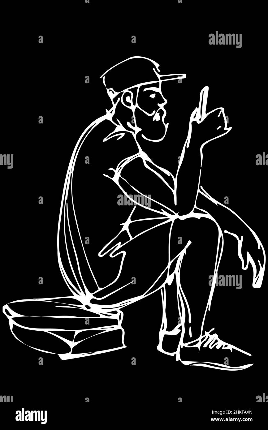 black and white vector sketch of a bearded man wearing a cap and shorts ...