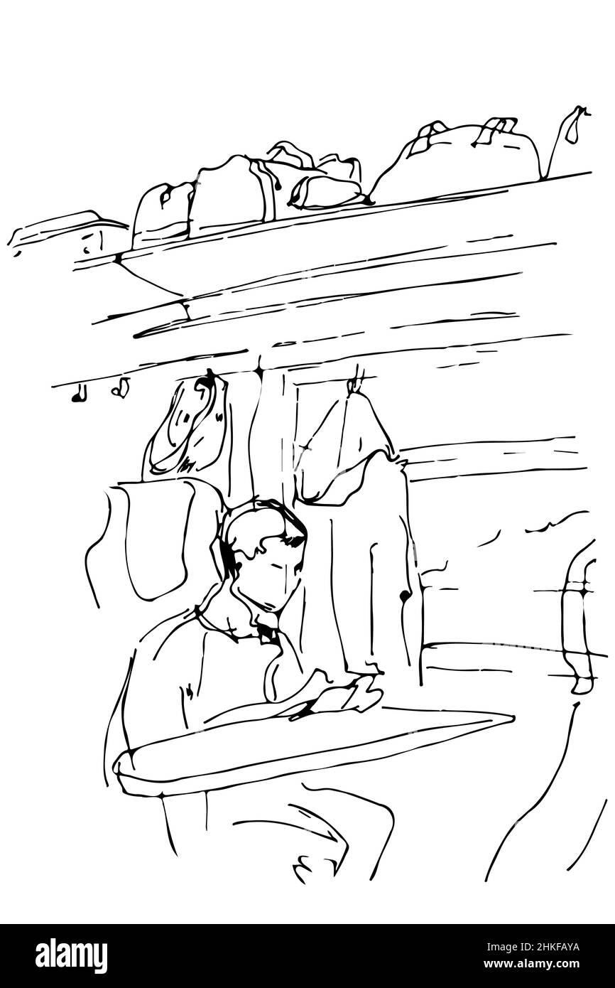 black and white vector sketch of a guy sitting in a railway carriage near the window Stock Photo