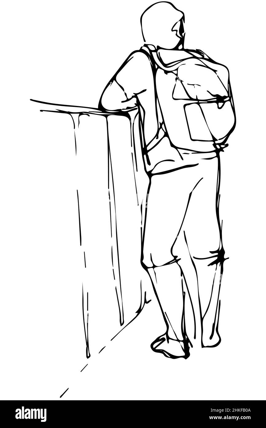 black and white vector sketch of a young man tourist with a backpack leaning on the parapet Stock Photo