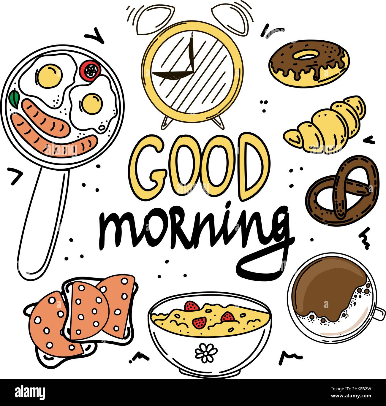 Morning meal, hand-drawn doodle-style elements. Time to get up ...