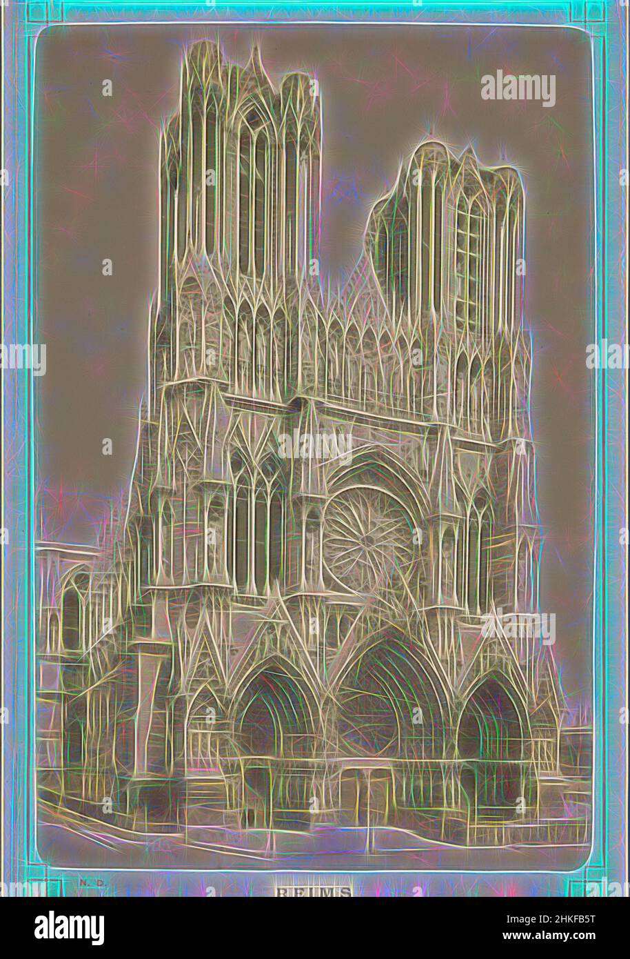 Inspired by Cathedral of Reims, La Cathédrale, Reims, Étienne Neurdein, Reims, 1870 - 1900, albumen print, height 163 mm × width 108 mm, Reimagined by Artotop. Classic art reinvented with a modern twist. Design of warm cheerful glowing of brightness and light ray radiance. Photography inspired by surrealism and futurism, embracing dynamic energy of modern technology, movement, speed and revolutionize culture Stock Photo