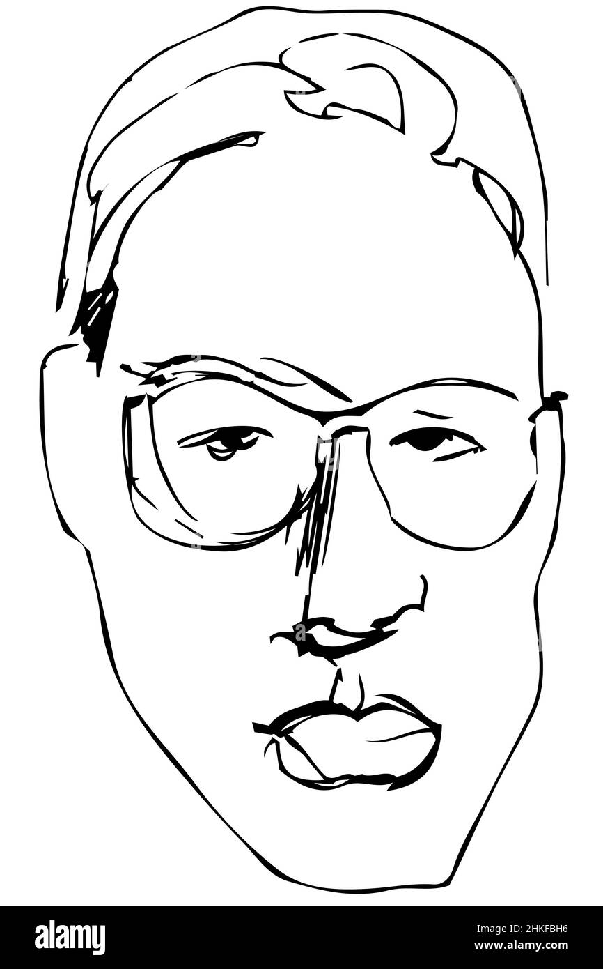 Black and white vector sketch of a serious man in glasses with lush lips Stock Photo