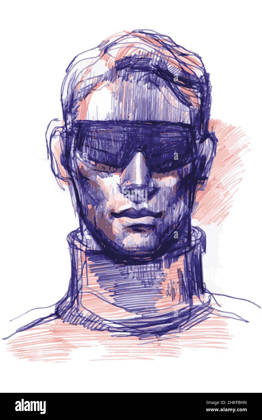 Vector sketch colored ballpoint pens to a portrait of a man in sunglasses Stock Photo