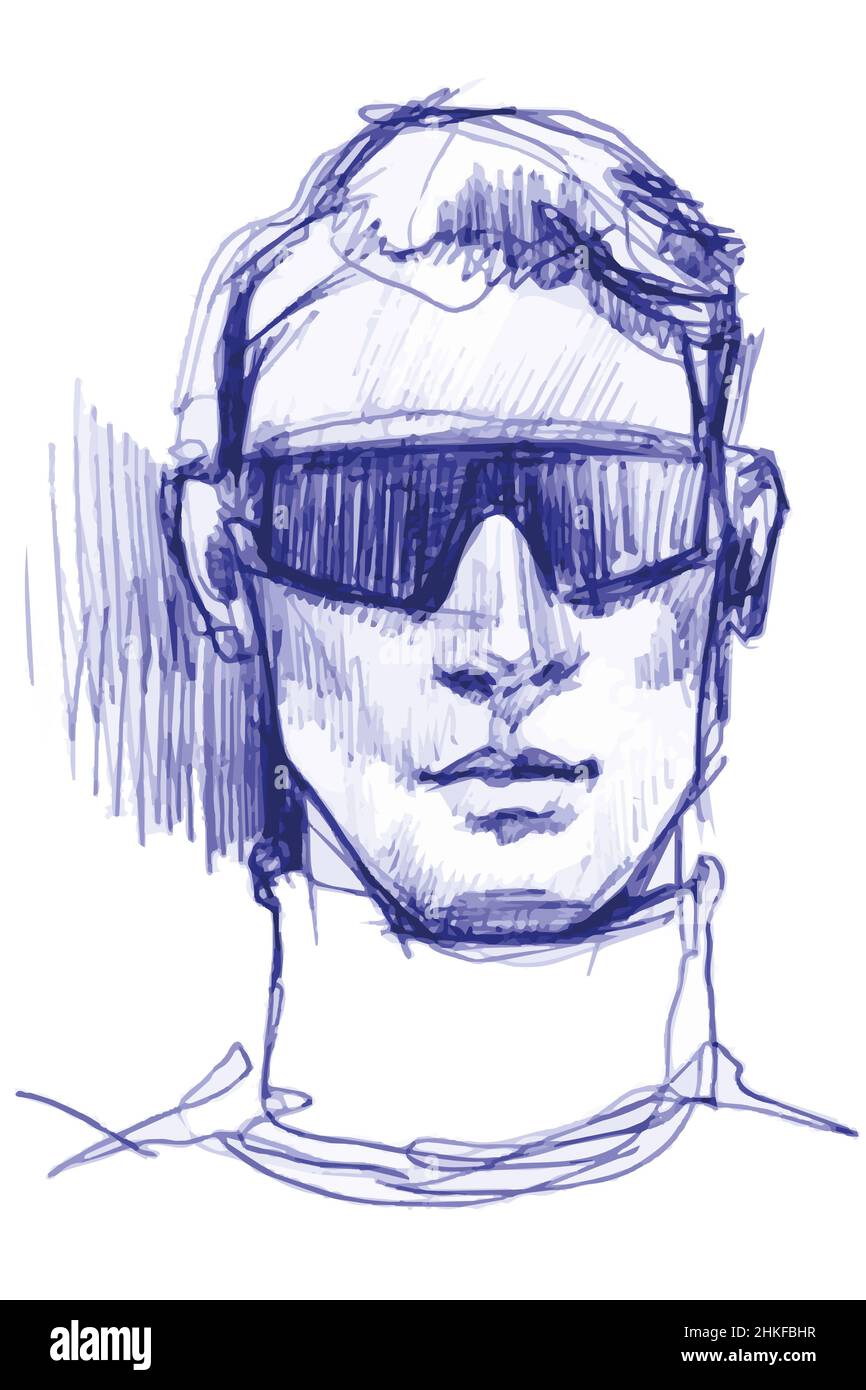 Vector sketch blue ballpoint pen to portrait of a man in sunglasses Stock Photo