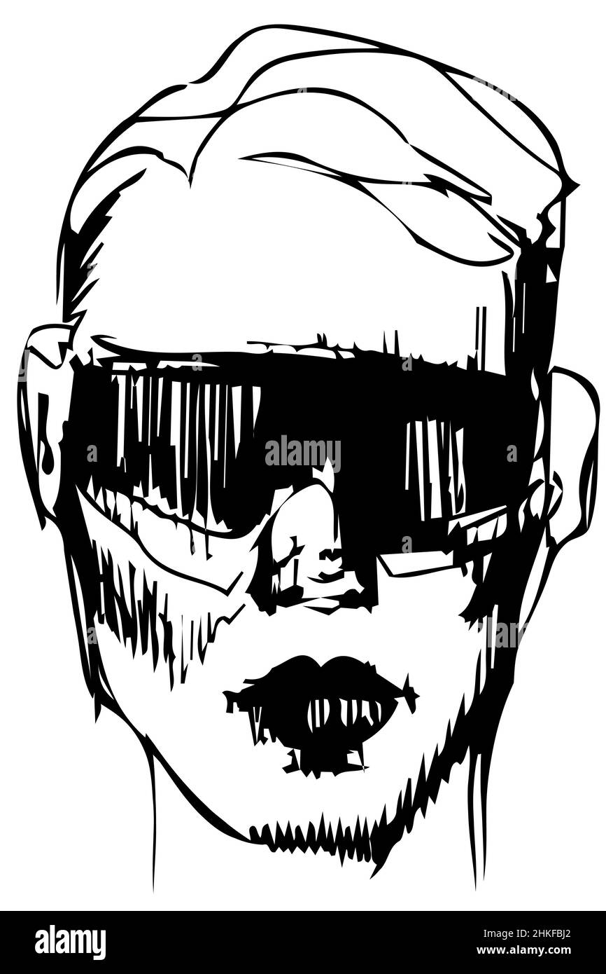 Black and white vector sketch for a portrait of a man in sunglasses ...