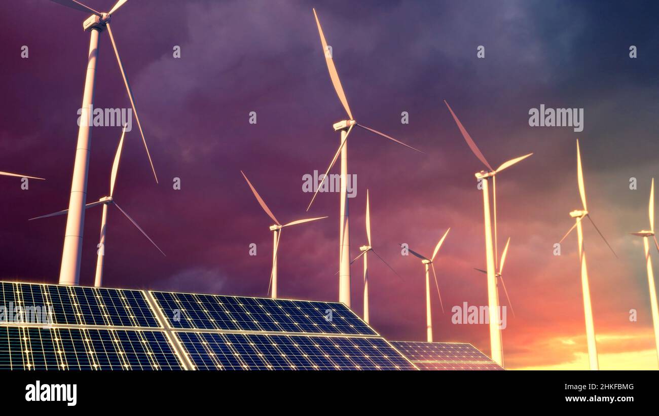 solar power panels and wind mills on sunset sky renewable energy