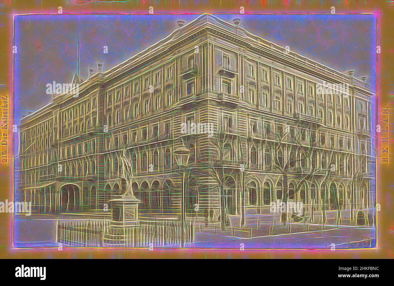 Inspired by View of the Hotel Kaiserhof in Berlin, Der Kaiserhof, Johann Friedrich Stiehm, Berlin, 1880, albumen print, height 109 mm × width 168 mm, Reimagined by Artotop. Classic art reinvented with a modern twist. Design of warm cheerful glowing of brightness and light ray radiance. Photography inspired by surrealism and futurism, embracing dynamic energy of modern technology, movement, speed and revolutionize culture Stock Photo