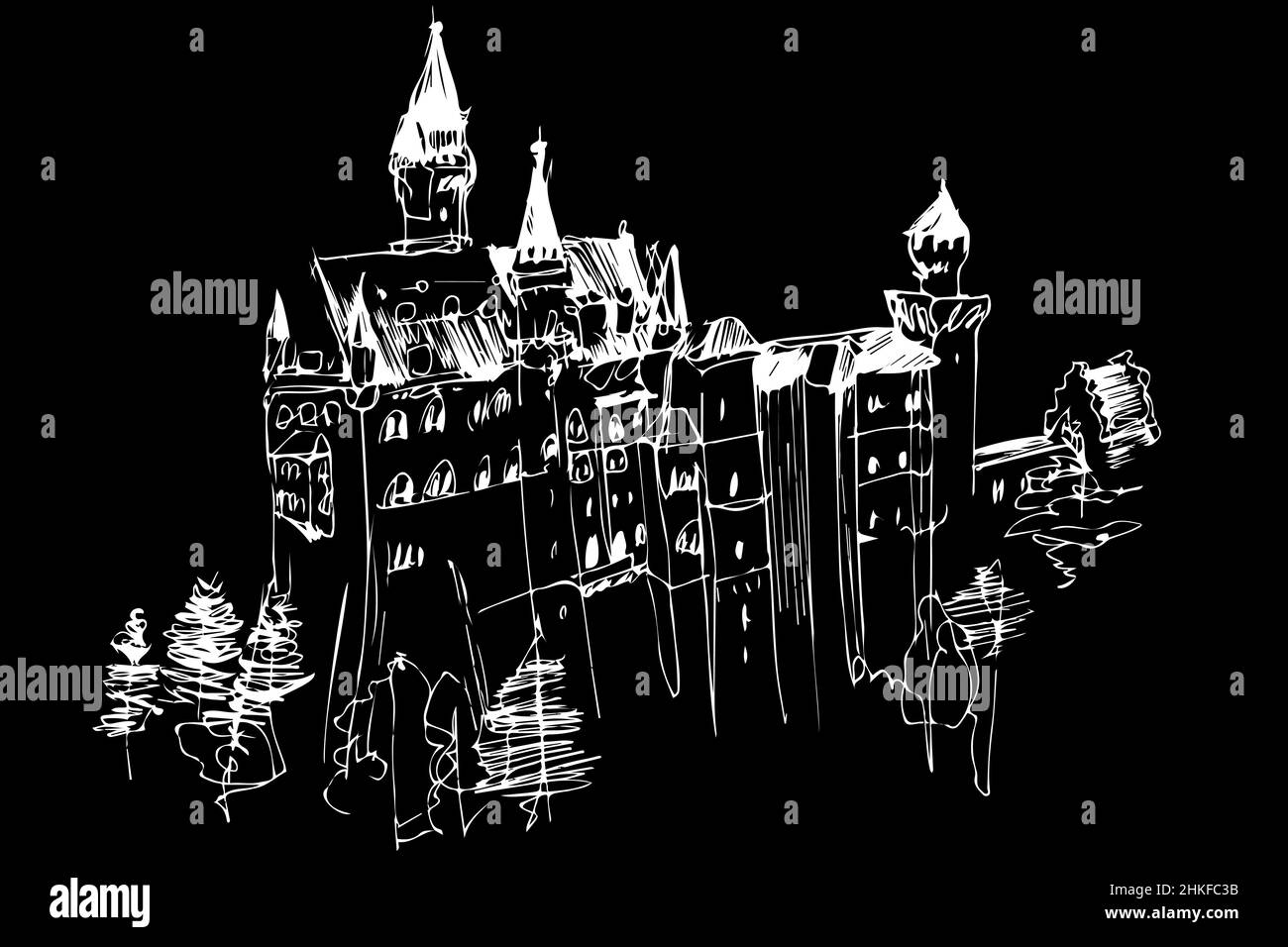 black and white vector sketch of a high medieval castle Stock Photo - Alamy