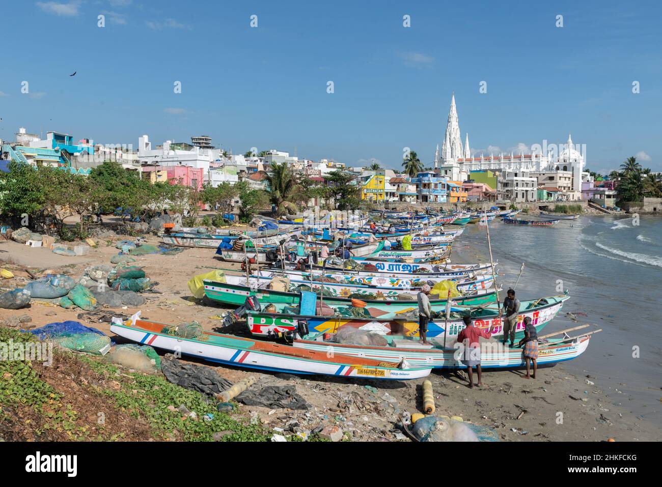Kanniyakumari, India - January 2022: The fishermen village by the sea. The church Our Lady of Ransom in the background. Stock Photo